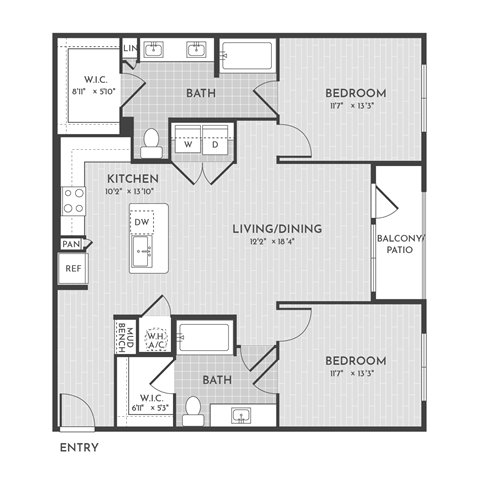 Floor plan for 2 beds, 2 baths, 1111 sqft